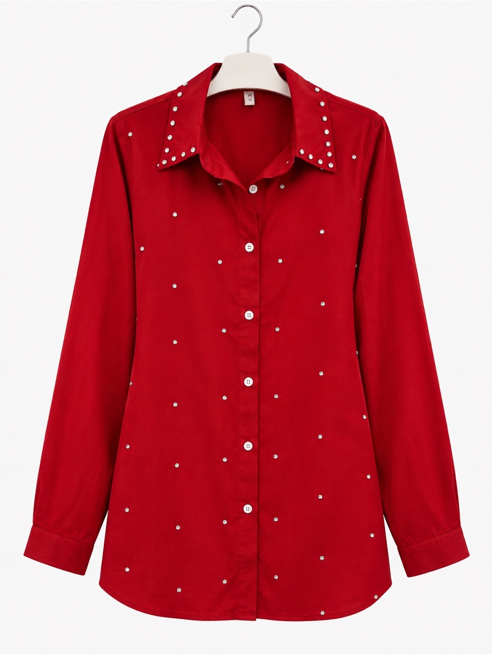 Red Stud-Accent Button-Front Women's Shirt